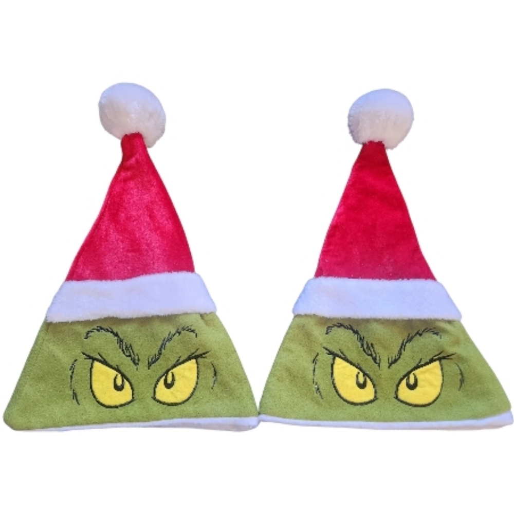 2 Grinch Santa Hats with Red and Green Design